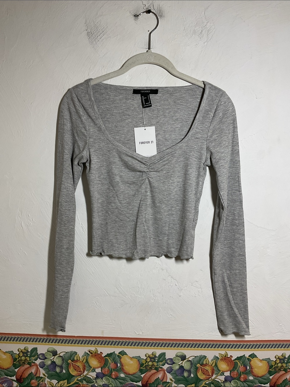 Forever21 Heather Grey Ribbed Ruched Crop Top Size S Lettuce Trim NWT